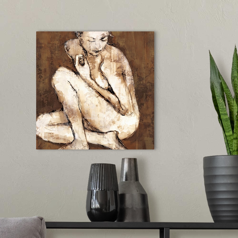A modern room featuring A painting of a woman crouched down with a grungy background.
