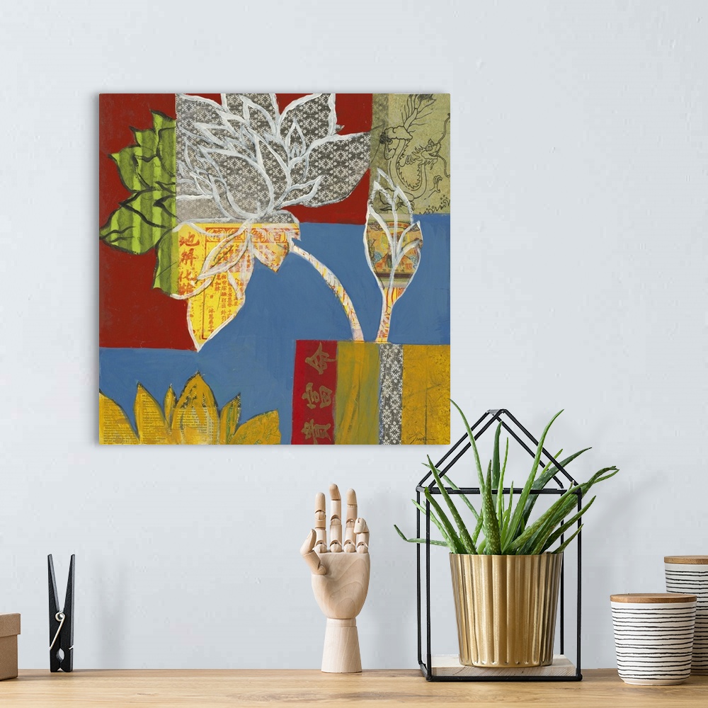 A bohemian room featuring A square abstract painting of large flowers and leaves in bold primary colors on a square style b...
