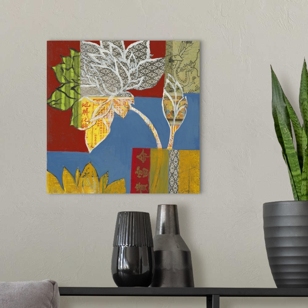 A modern room featuring A square abstract painting of large flowers and leaves in bold primary colors on a square style b...
