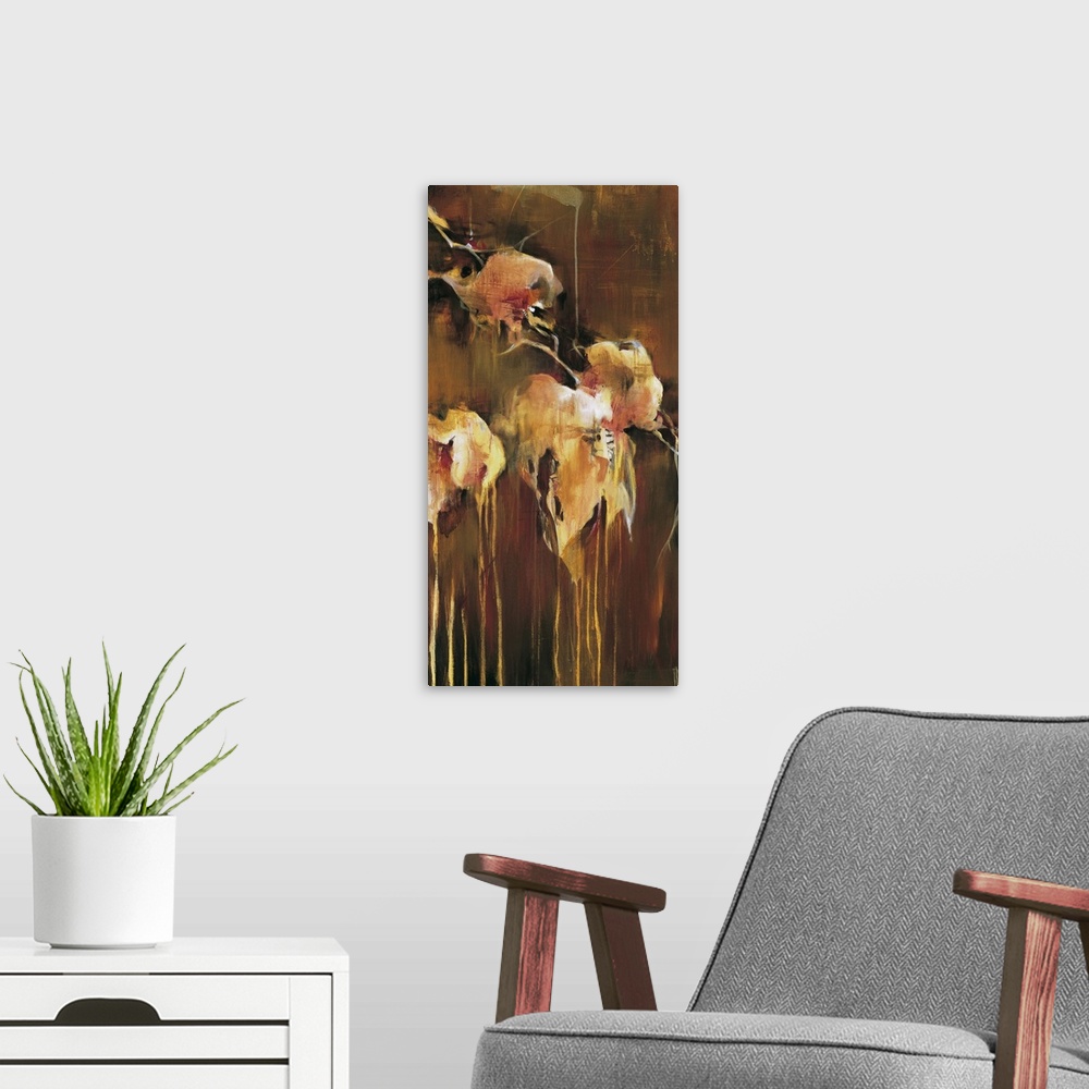 A modern room featuring Abstract painting using earth tones to create flowers that look as though they are dripping.