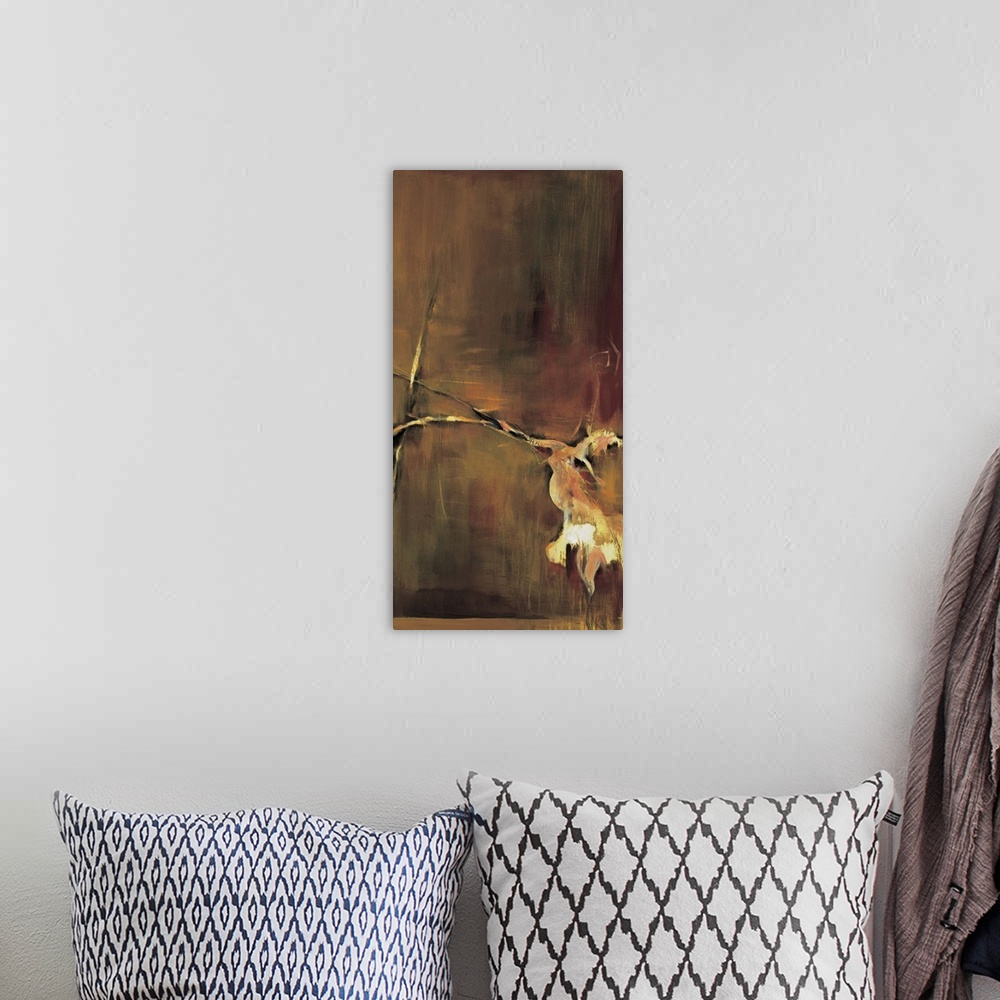 A bohemian room featuring Abstract painting using earth tones to create a flower that looks as though it is wilting.