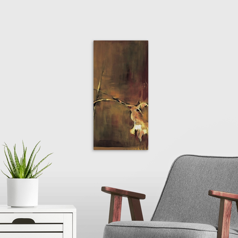 A modern room featuring Abstract painting using earth tones to create a flower that looks as though it is wilting.
