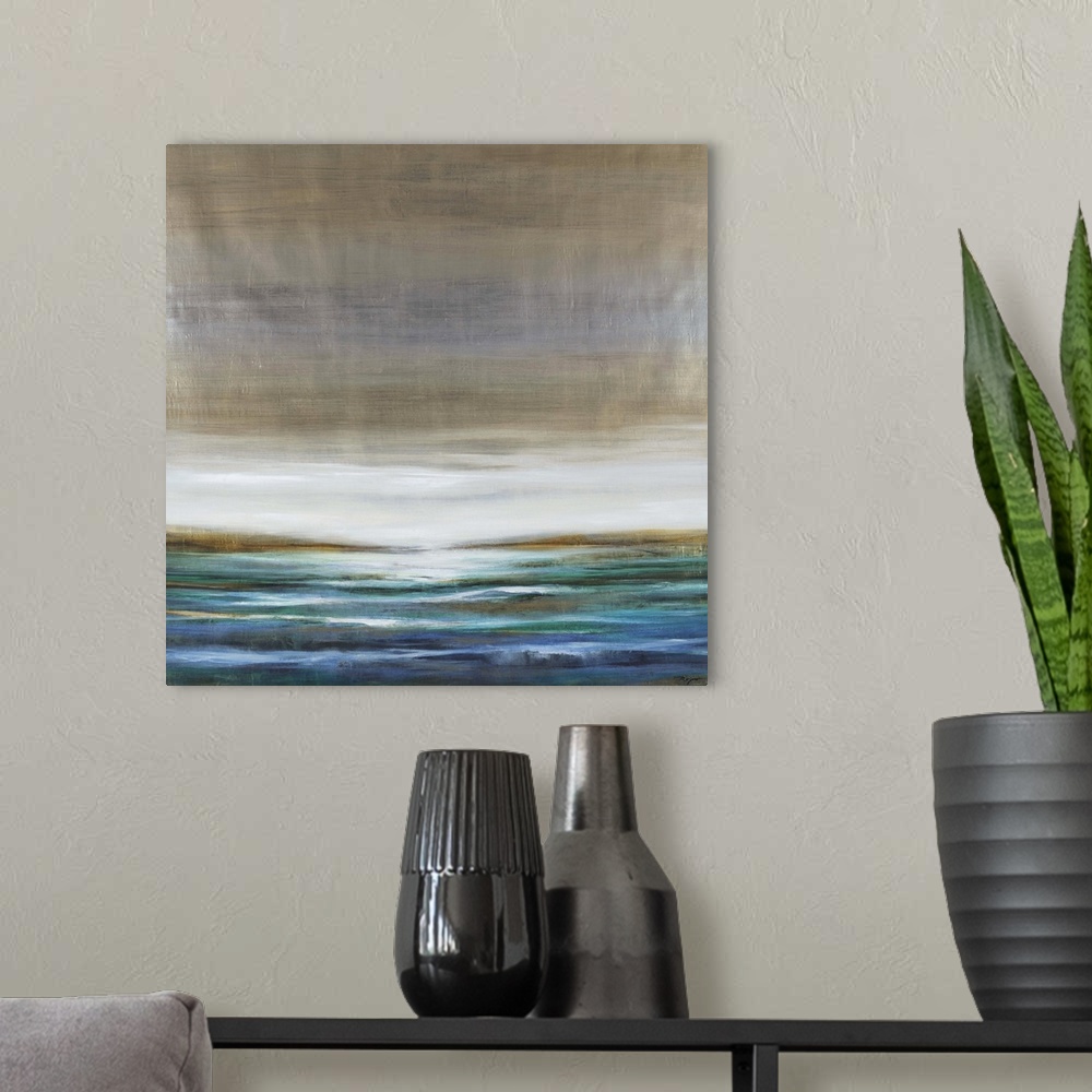 A modern room featuring Abstract painting using earth tones and green with blue tones to make what looks like an ocean.