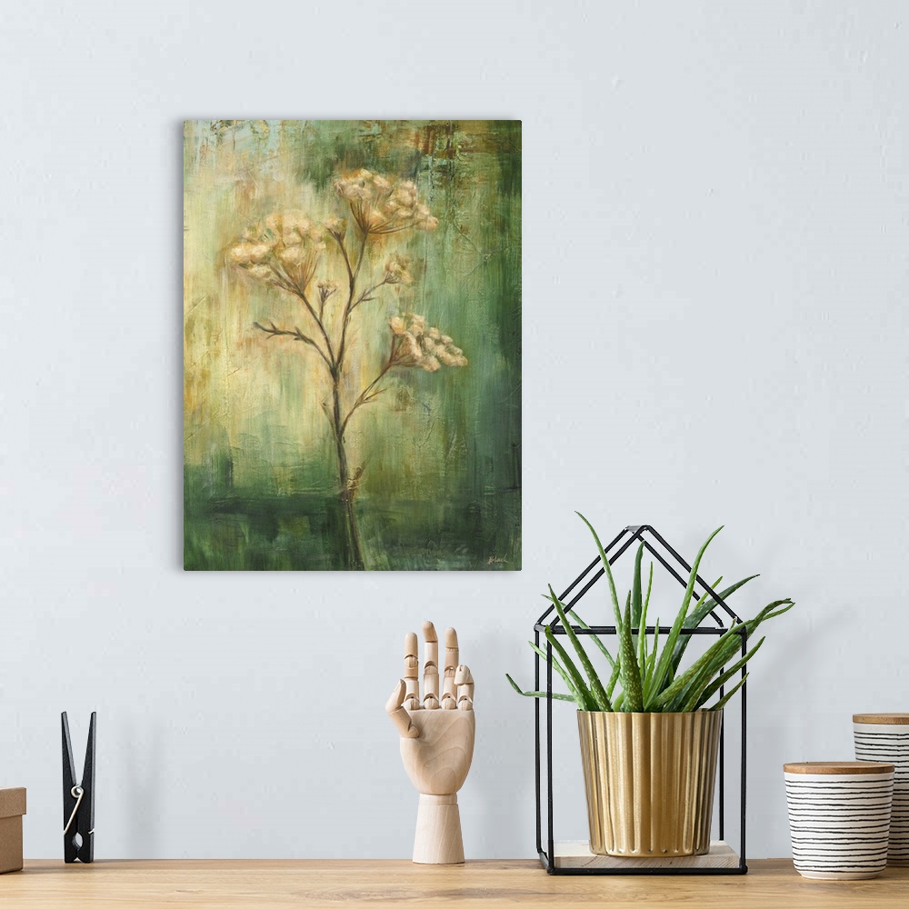 A bohemian room featuring Contemporary painting of a single flower standing in the center of the image against a washed and...
