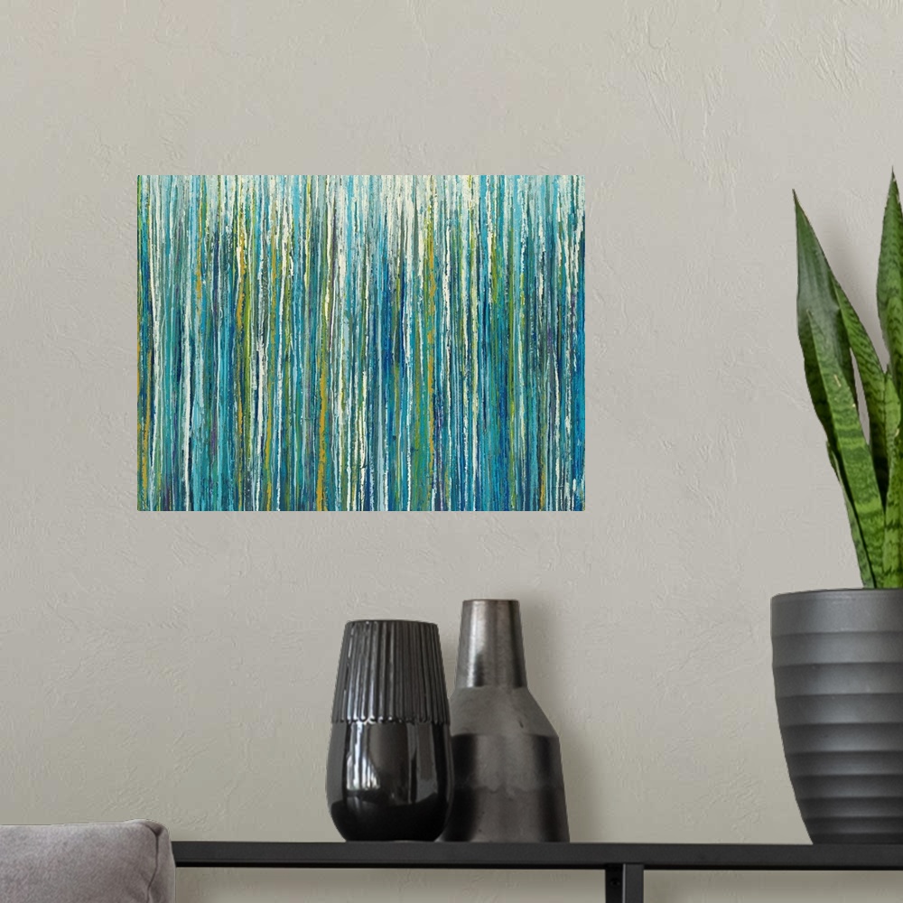 A modern room featuring Abstract painting with cool toned vertical lines layered on top and next to one another.