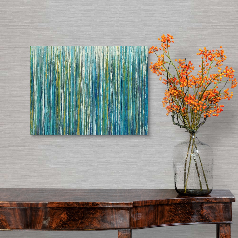 A traditional room featuring Abstract painting with cool toned vertical lines layered on top and next to one another.