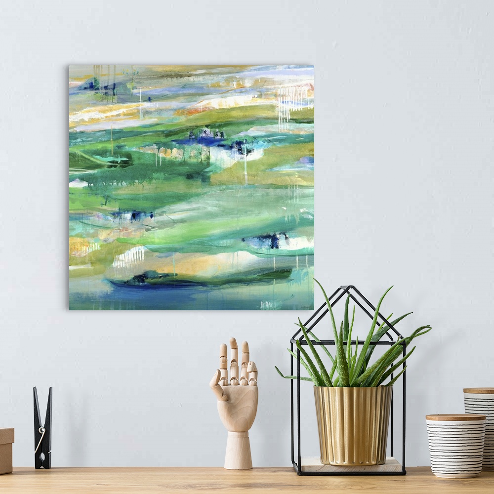 A bohemian room featuring A contemporary abstract painting using predominantly green with hints of yellow.