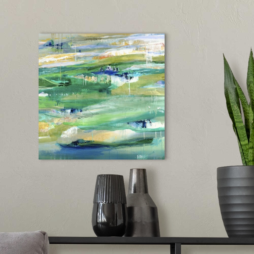 A modern room featuring A contemporary abstract painting using predominantly green with hints of yellow.