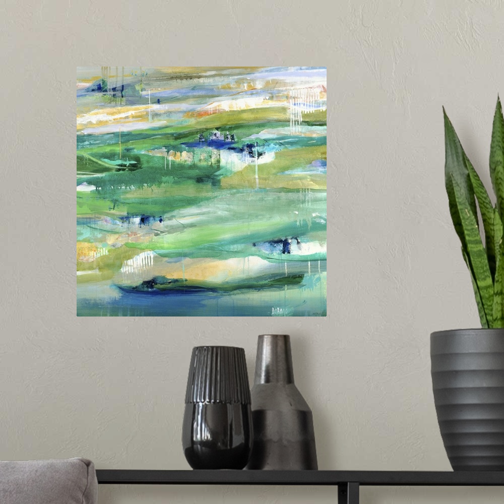 A modern room featuring A contemporary abstract painting using predominantly green with hints of yellow.