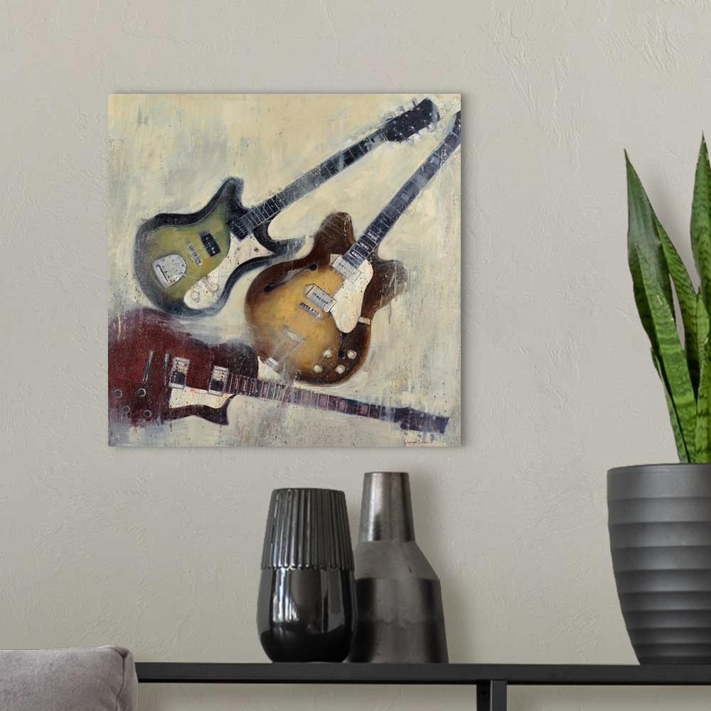 A modern room featuring Painting of three different color guitars on a textured neutral color background.