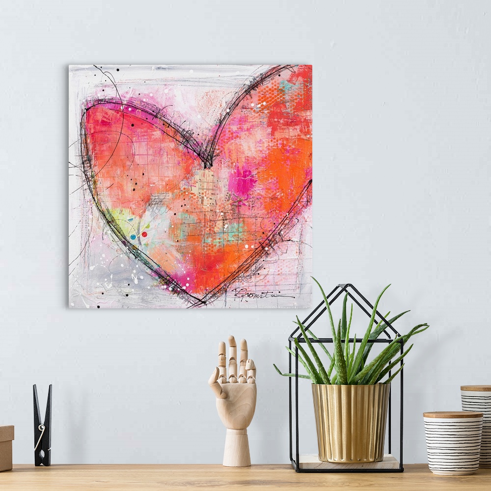 A bohemian room featuring A sweet sketchy image of a pink and orange heart outlined in black sketch lines. This is a warm a...