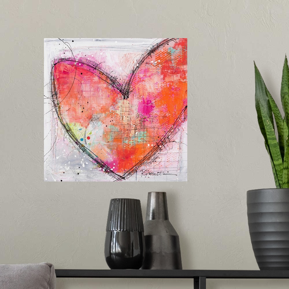 A modern room featuring A sweet sketchy image of a pink and orange heart outlined in black sketch lines. This is a warm a...