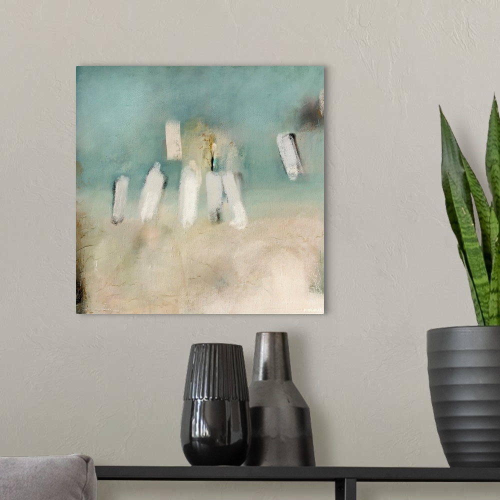 A modern room featuring A sophisticated abstract painting in a transitional style, featuring soft tones of aqua and sand ...