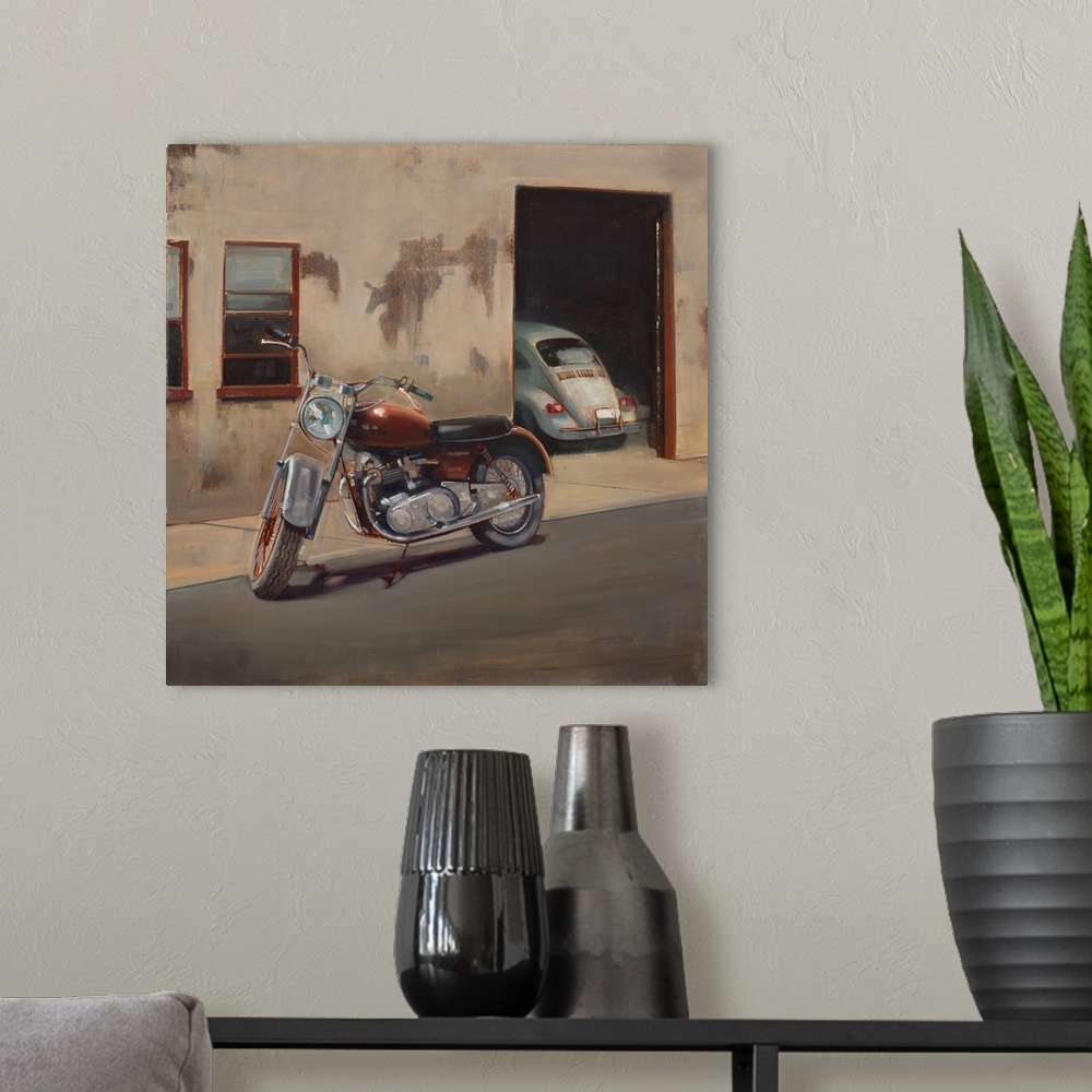 A modern room featuring Contemporary painting of a motorcycle parked outside on the street with a building in the backgro...