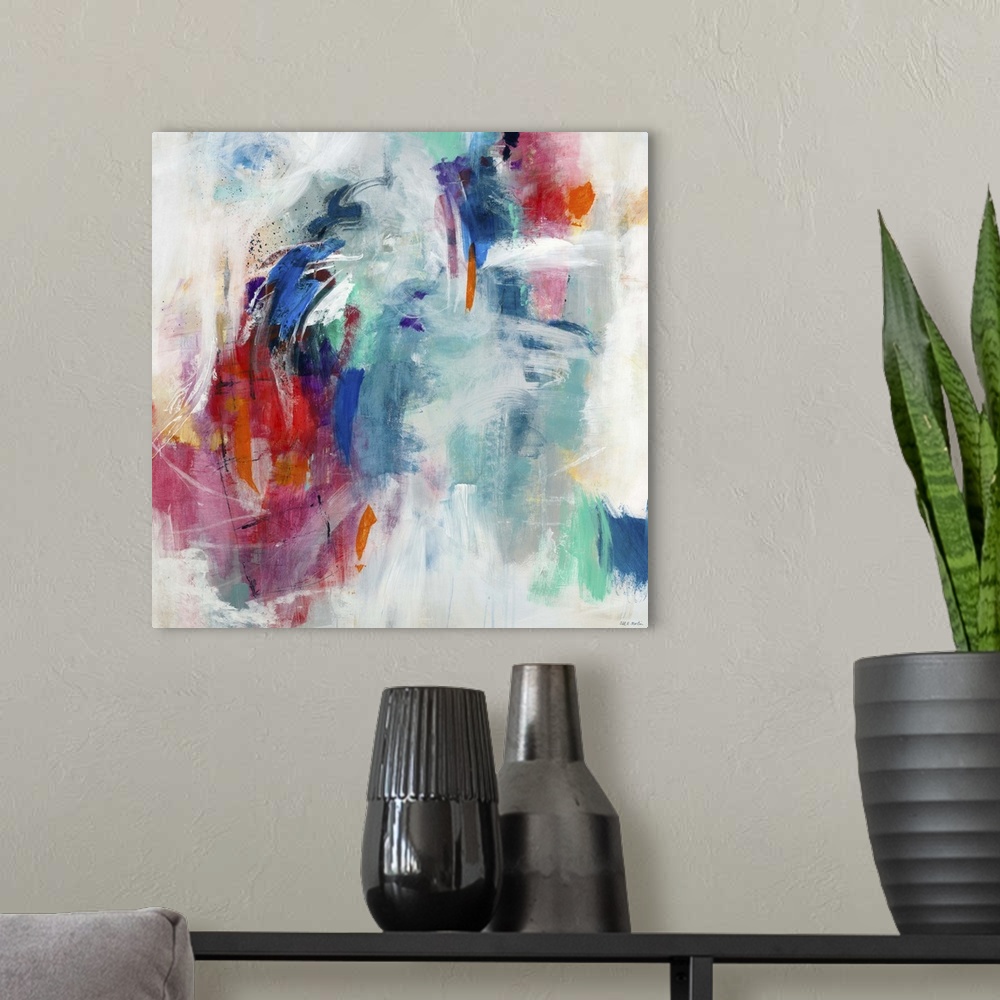 A modern room featuring Contemporary abstract painting of dark red blue and teal tones against a neutral background.