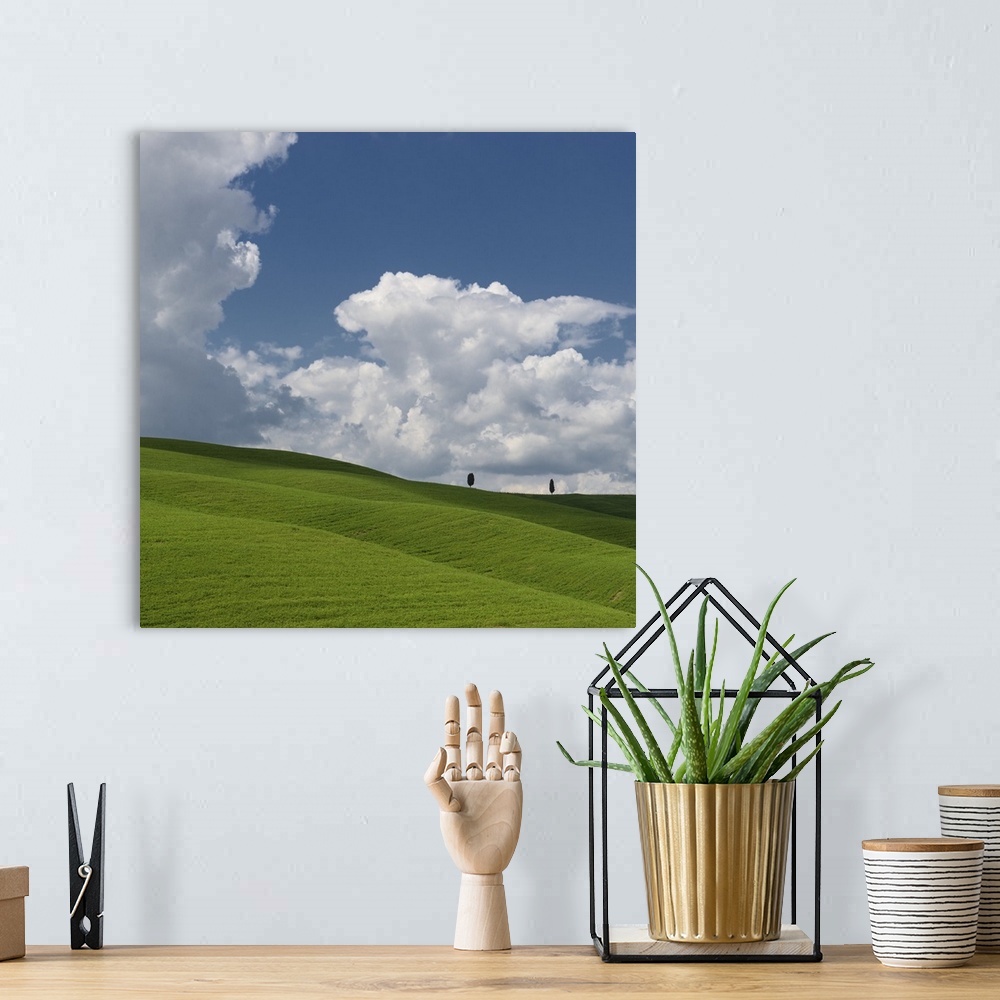 A bohemian room featuring A photograph of a green valley with massive fluffy clouds hanging overhead.