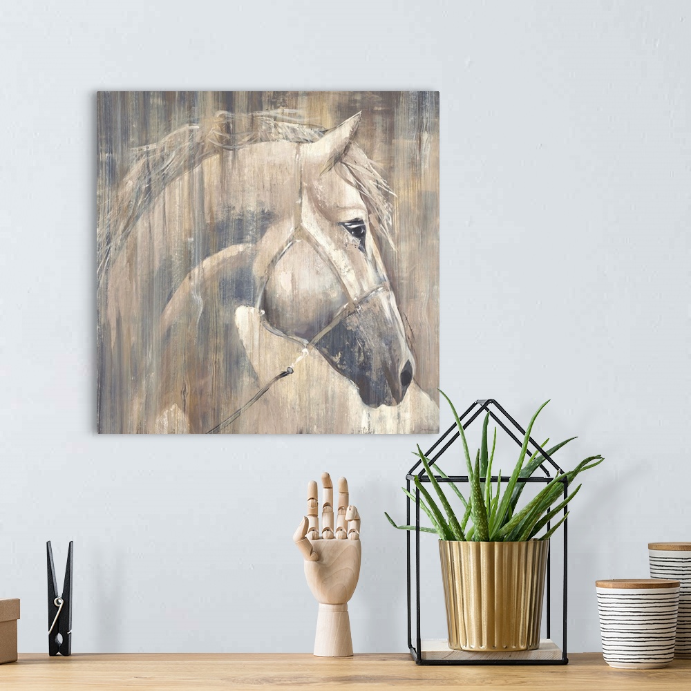 A bohemian room featuring Contemporary painting of a white horse portrait.