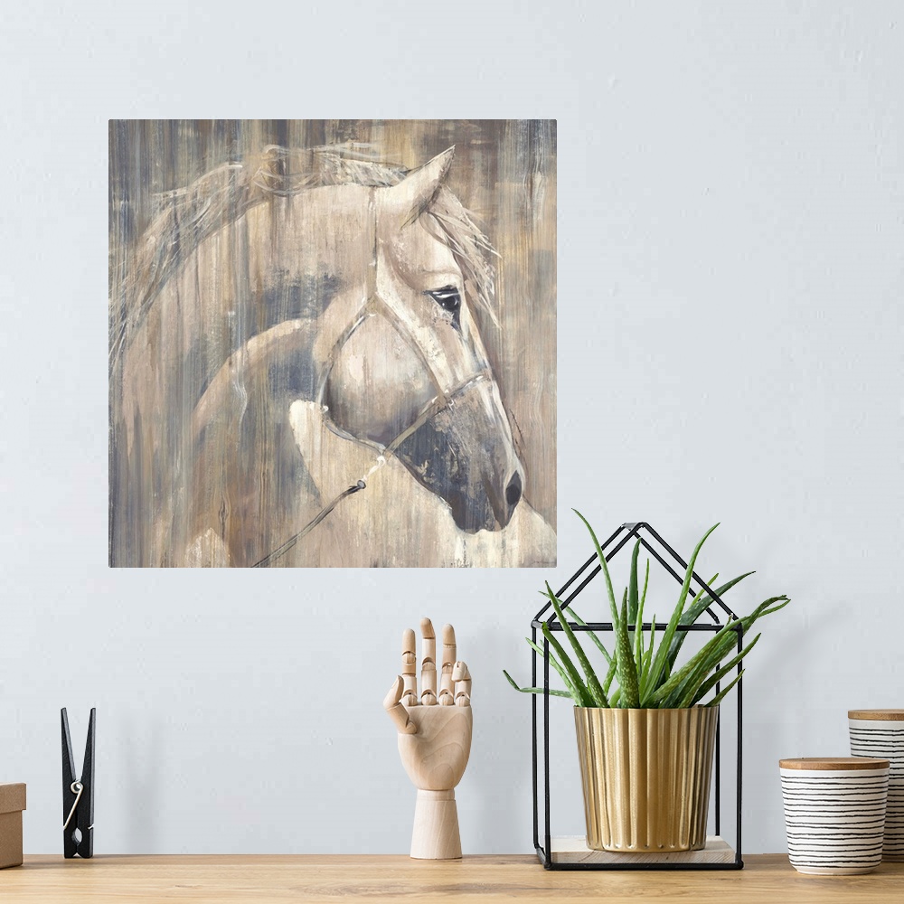 A bohemian room featuring Contemporary painting of a white horse portrait.