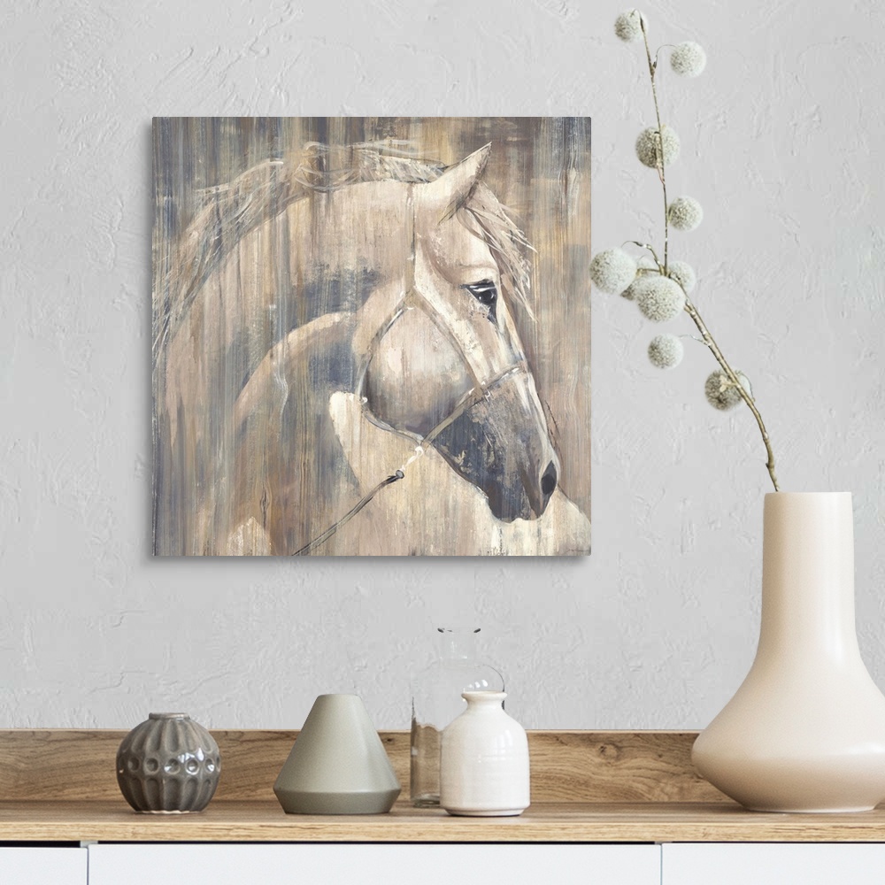 A farmhouse room featuring Contemporary painting of a white horse portrait.