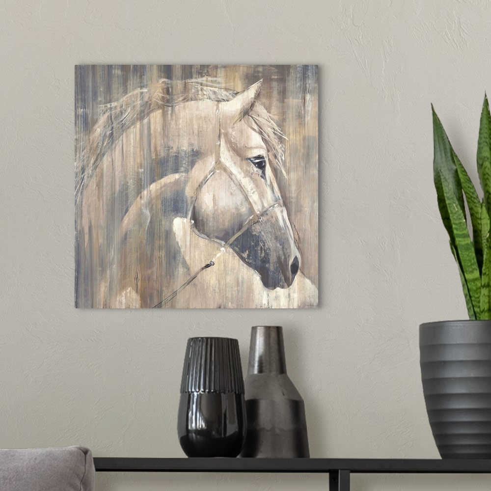 A modern room featuring Contemporary painting of a white horse portrait.