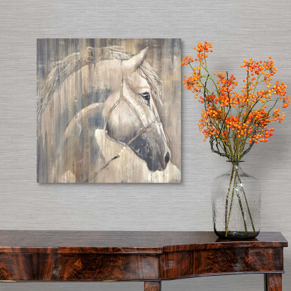 A traditional room featuring Contemporary painting of a white horse portrait.