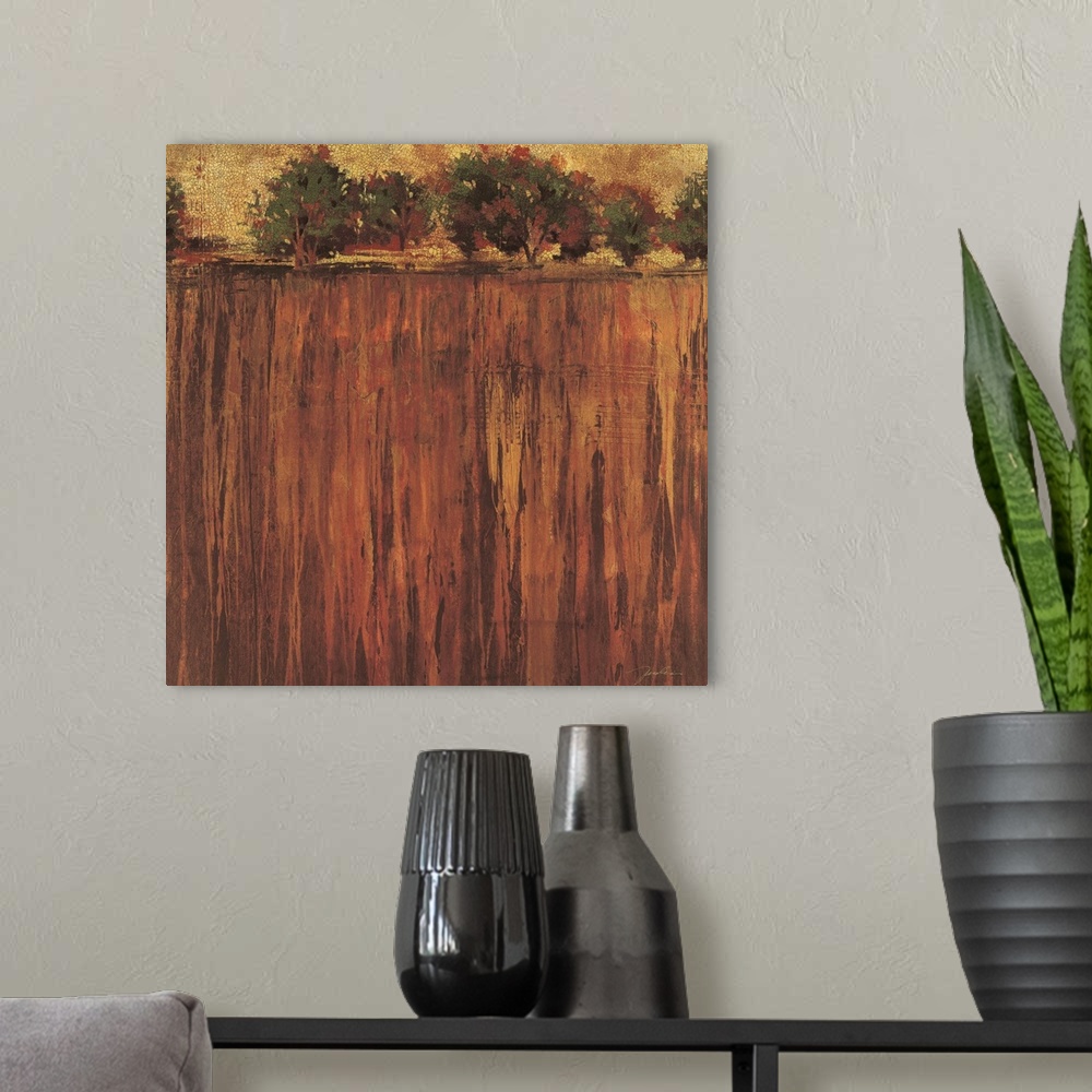 A modern room featuring Contemporary painting of a warm toned field leading to trees in the distance.