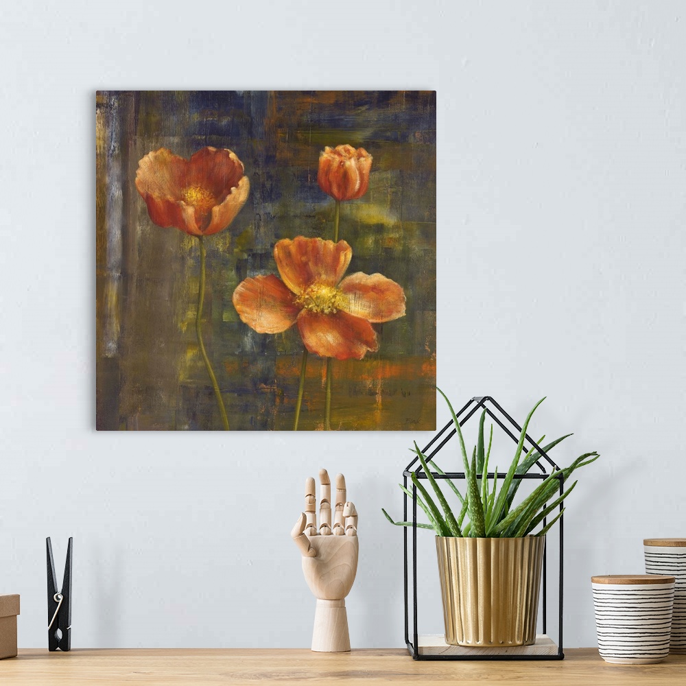 A bohemian room featuring Contemporary painting of Icelandic poppies in a muted orange.