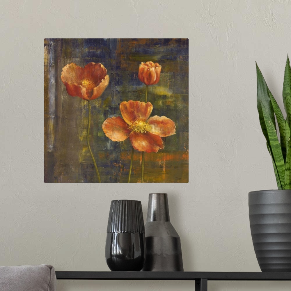 A modern room featuring Contemporary painting of Icelandic poppies in a muted orange.