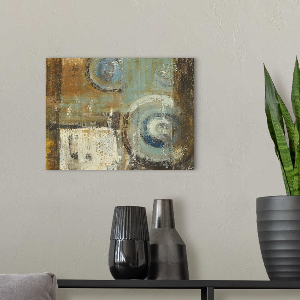 A modern room featuring Contemporary abstract painting using geometric shapes and muted colors.