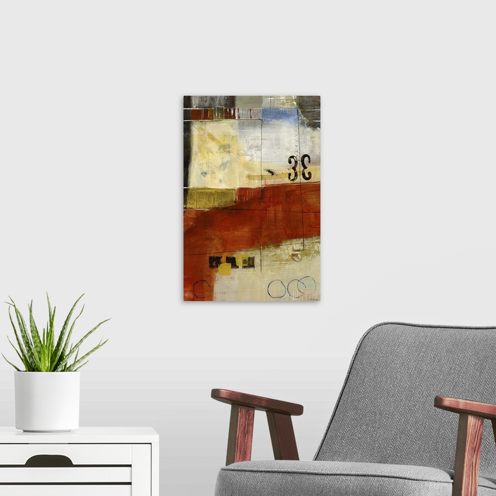 A modern room featuring Contemporary abstract painting using rich earth tons and geometric shapes.