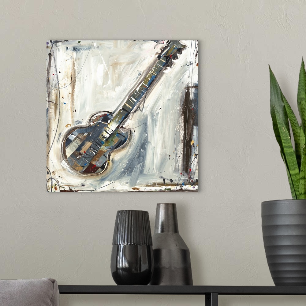 A modern room featuring Contemporary abstract painting of musical instrument.  Brush strokes are visible along with paint...