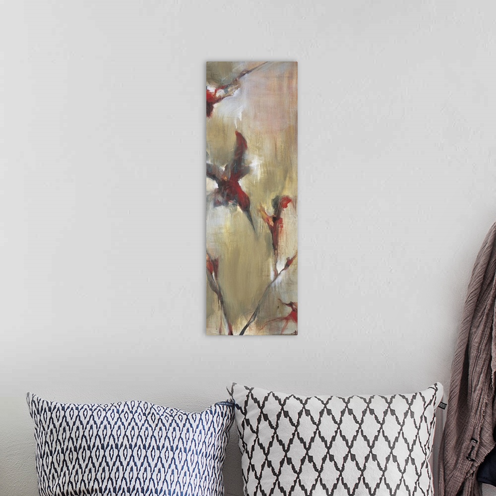 A bohemian room featuring Contemporary abstract painting resembling flowers.