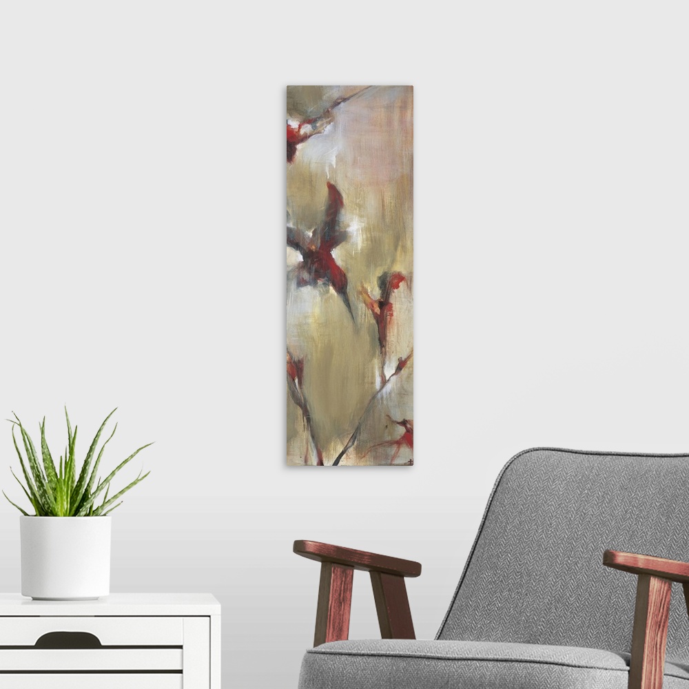 A modern room featuring Contemporary abstract painting resembling flowers.