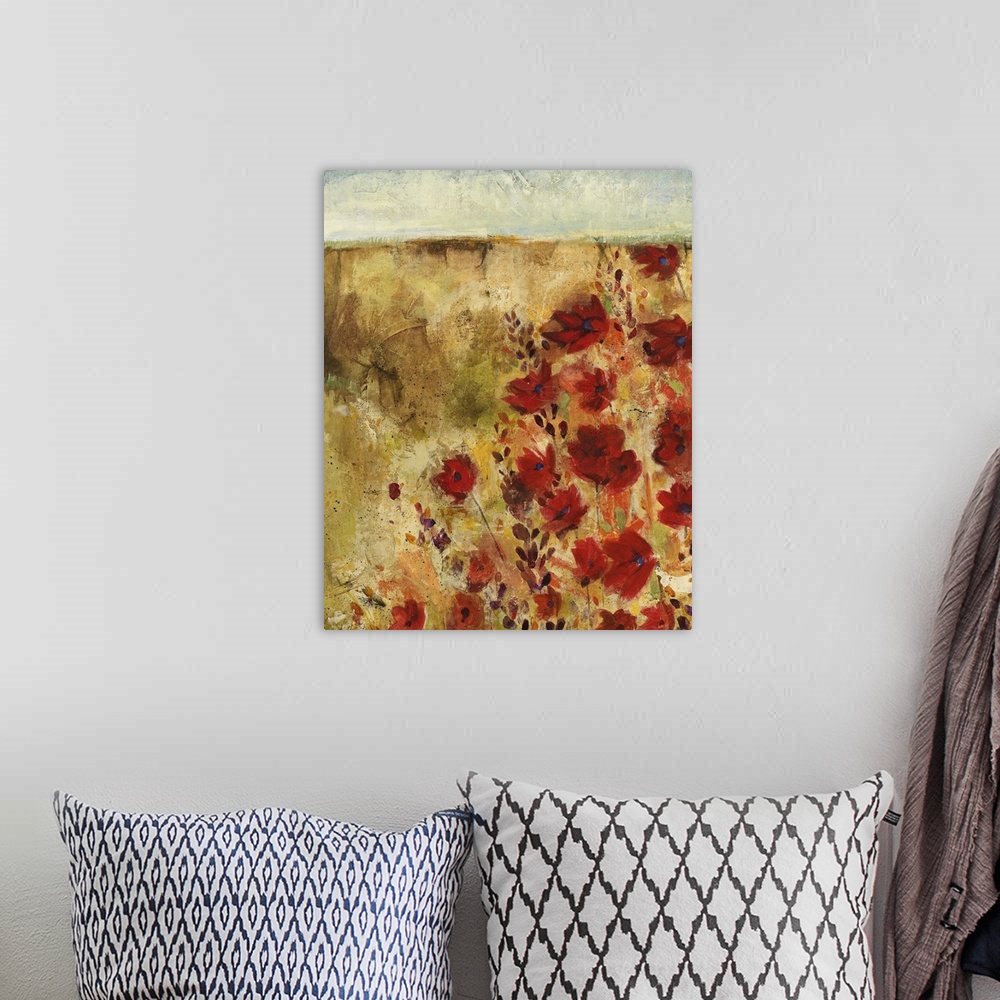 A bohemian room featuring A contemporary painting of red flowers in an empty field.