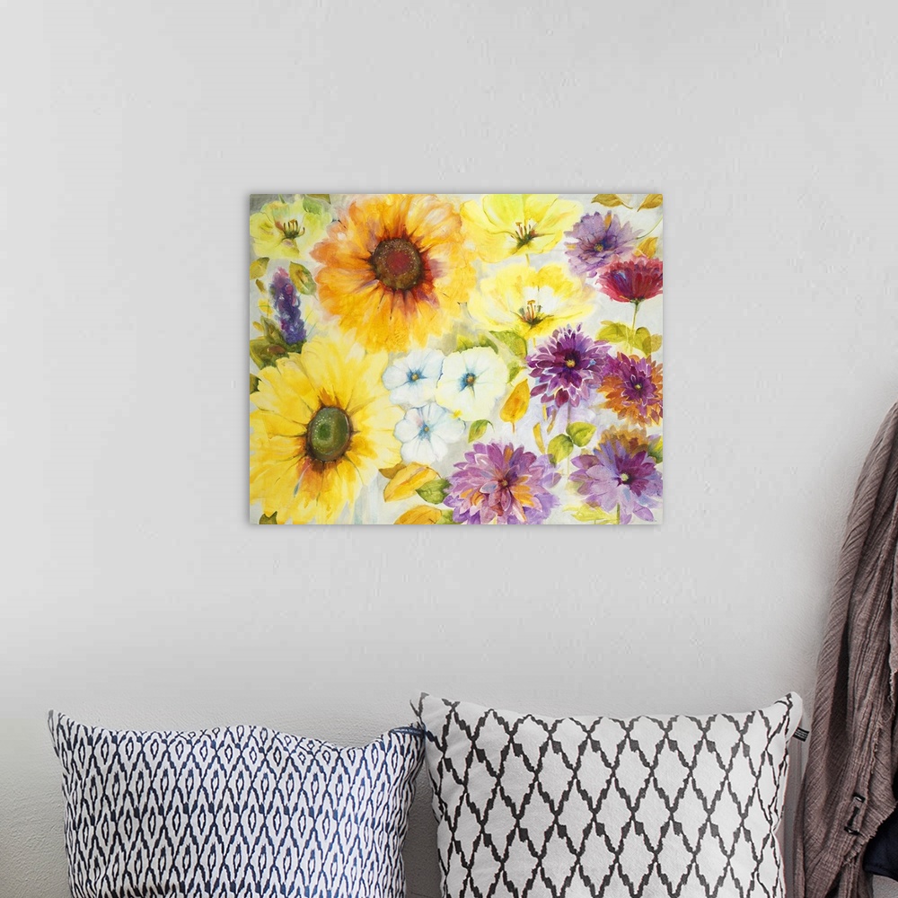 A bohemian room featuring A painting of vibrant yellow and purple garden flowers.