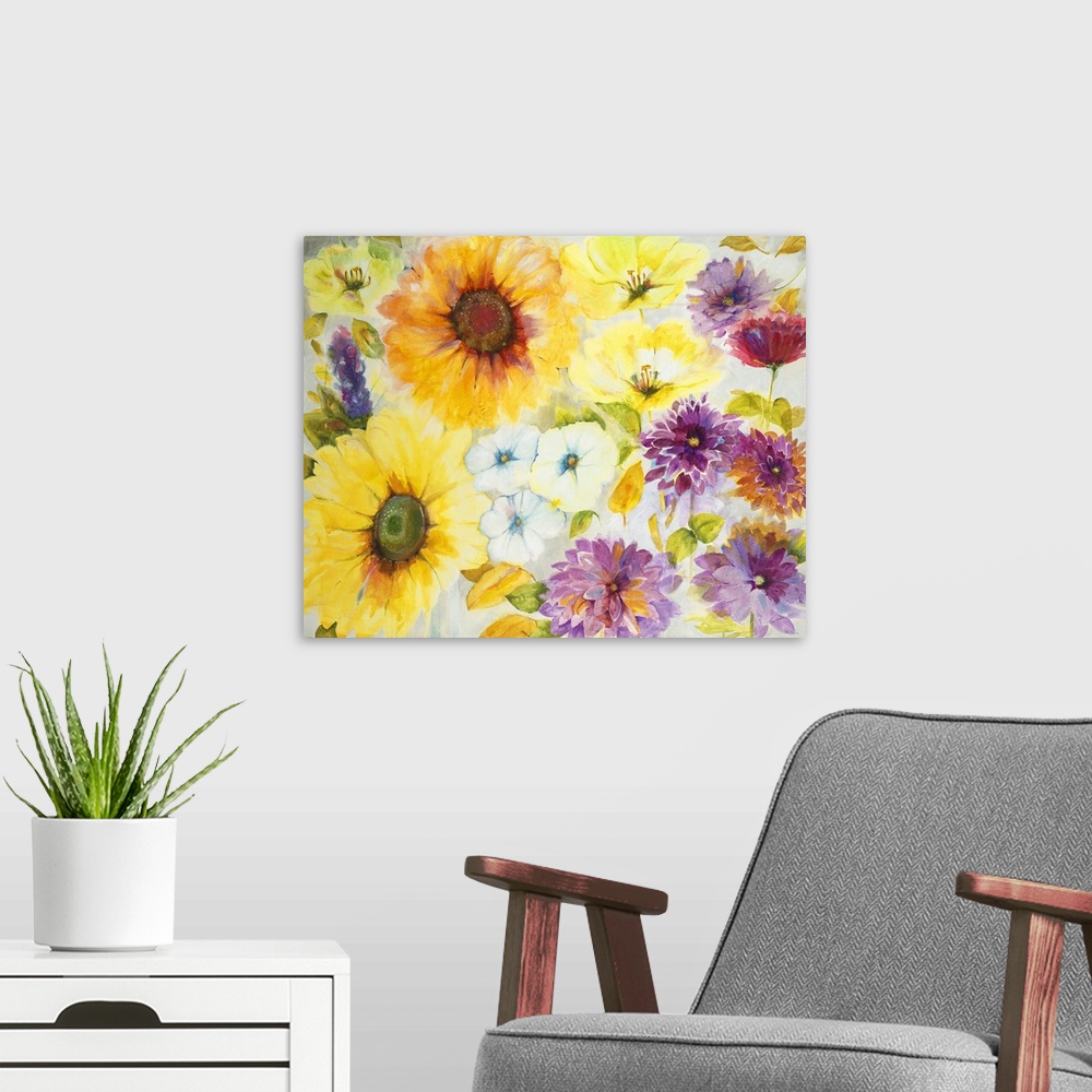 A modern room featuring A painting of vibrant yellow and purple garden flowers.