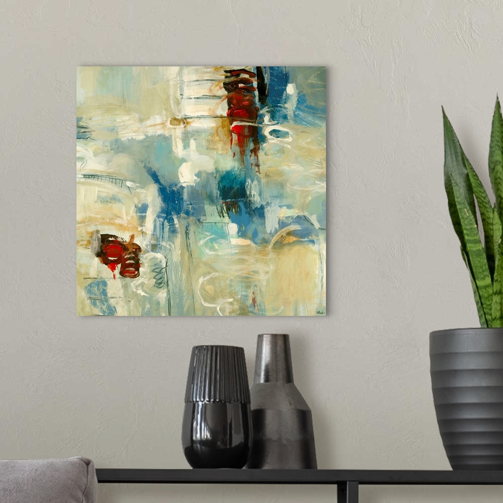 A modern room featuring Abstract canvas painting of mostly cool tones with a few warm accent areas.