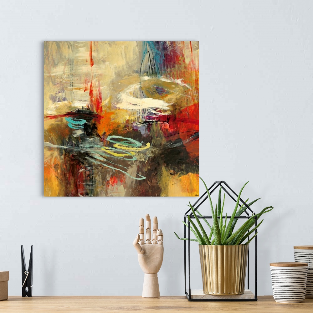 A bohemian room featuring A chaotic blend of brush strokes on a square canvas with a centered composition.