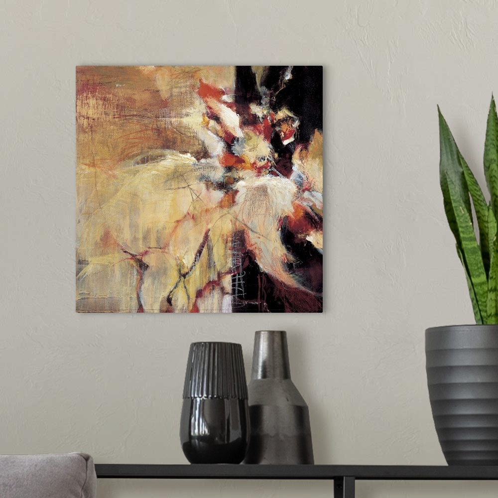 A modern room featuring Warm tones and rough looking textures give this abstract painting depth.