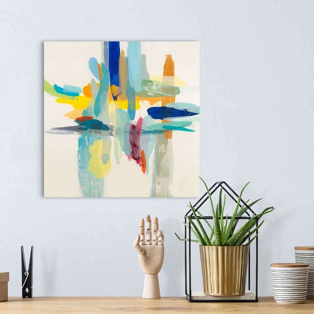 A bohemian room featuring Square abstract painting with layered horizontal and vertical brushstrokes in various vibrant col...
