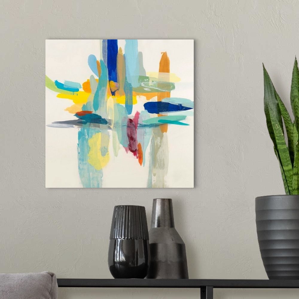 A modern room featuring Square abstract painting with layered horizontal and vertical brushstrokes in various vibrant col...