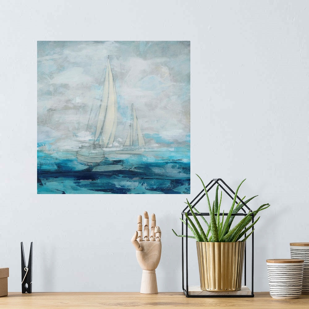 A bohemian room featuring Contemporary painting of a sailboat on blue water.