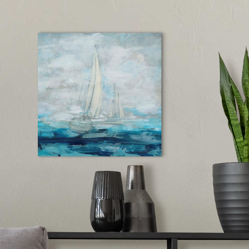 A modern room featuring Contemporary painting of a sailboat on blue water.