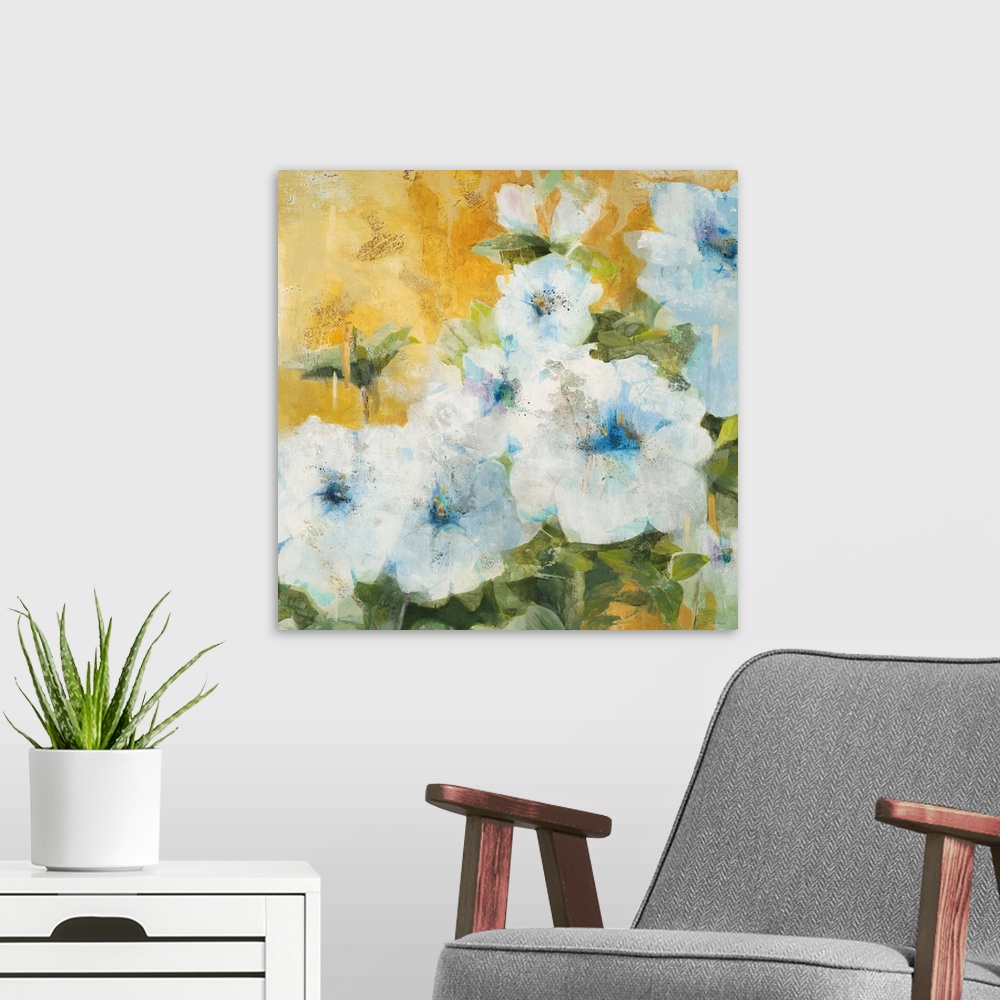 A modern room featuring Decorative artwork of a group of light-colored flowers with wide petals and small leaves on a gol...
