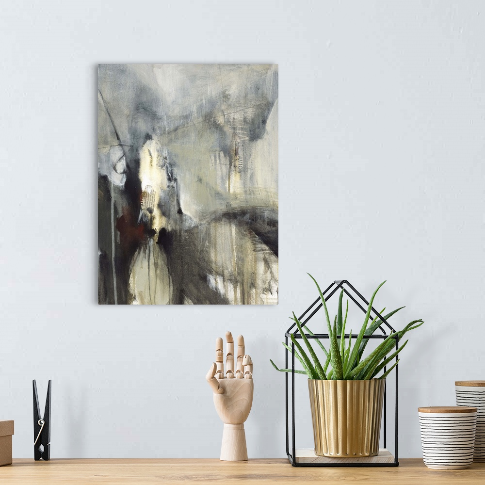 A bohemian room featuring Contemporary abstract painting using dark weathered rustic tones.