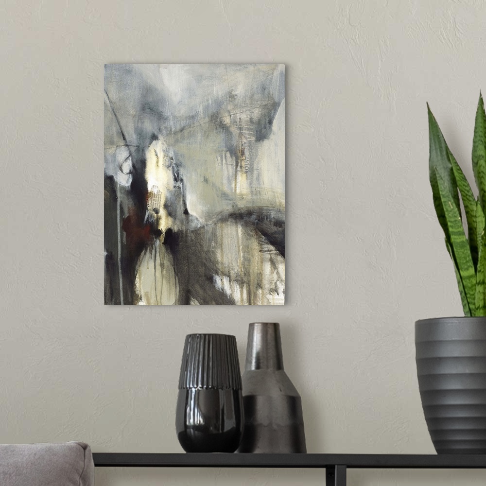 A modern room featuring Contemporary abstract painting using dark weathered rustic tones.