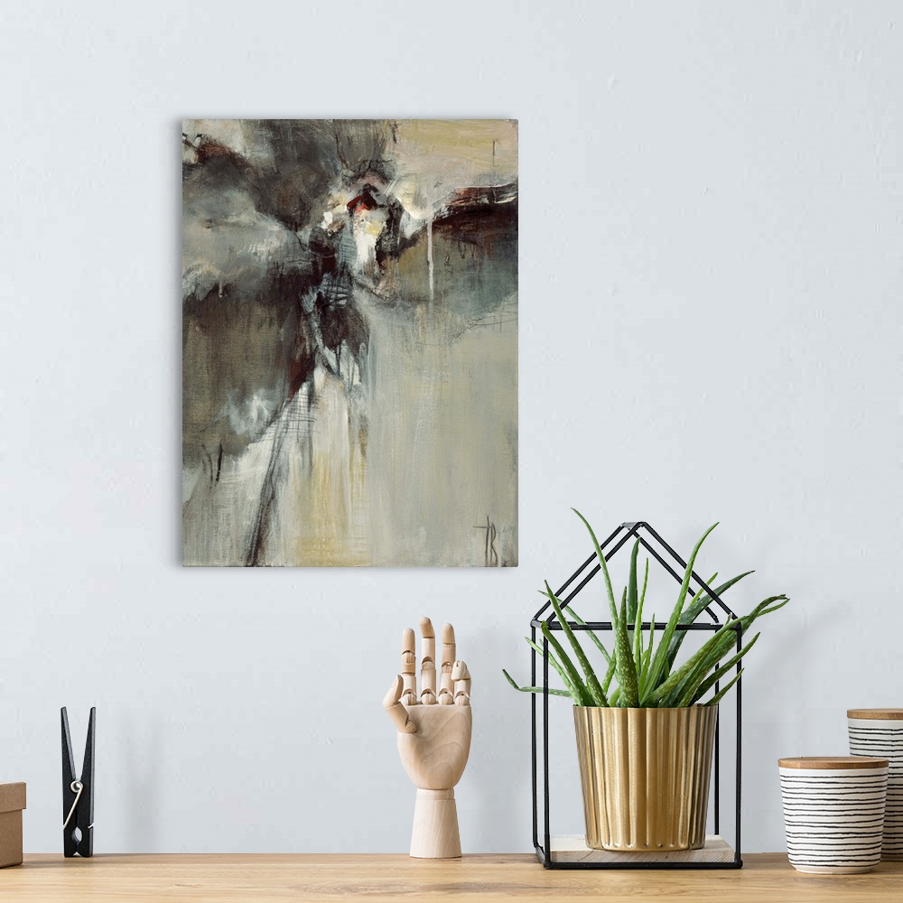 A bohemian room featuring Contemporary abstract painting using dark weathered rustic tones.