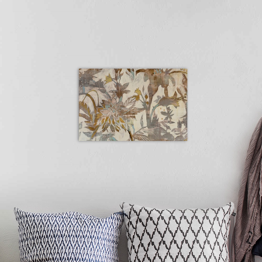 A bohemian room featuring Contemporary artwork of floral pattern in earth tones.