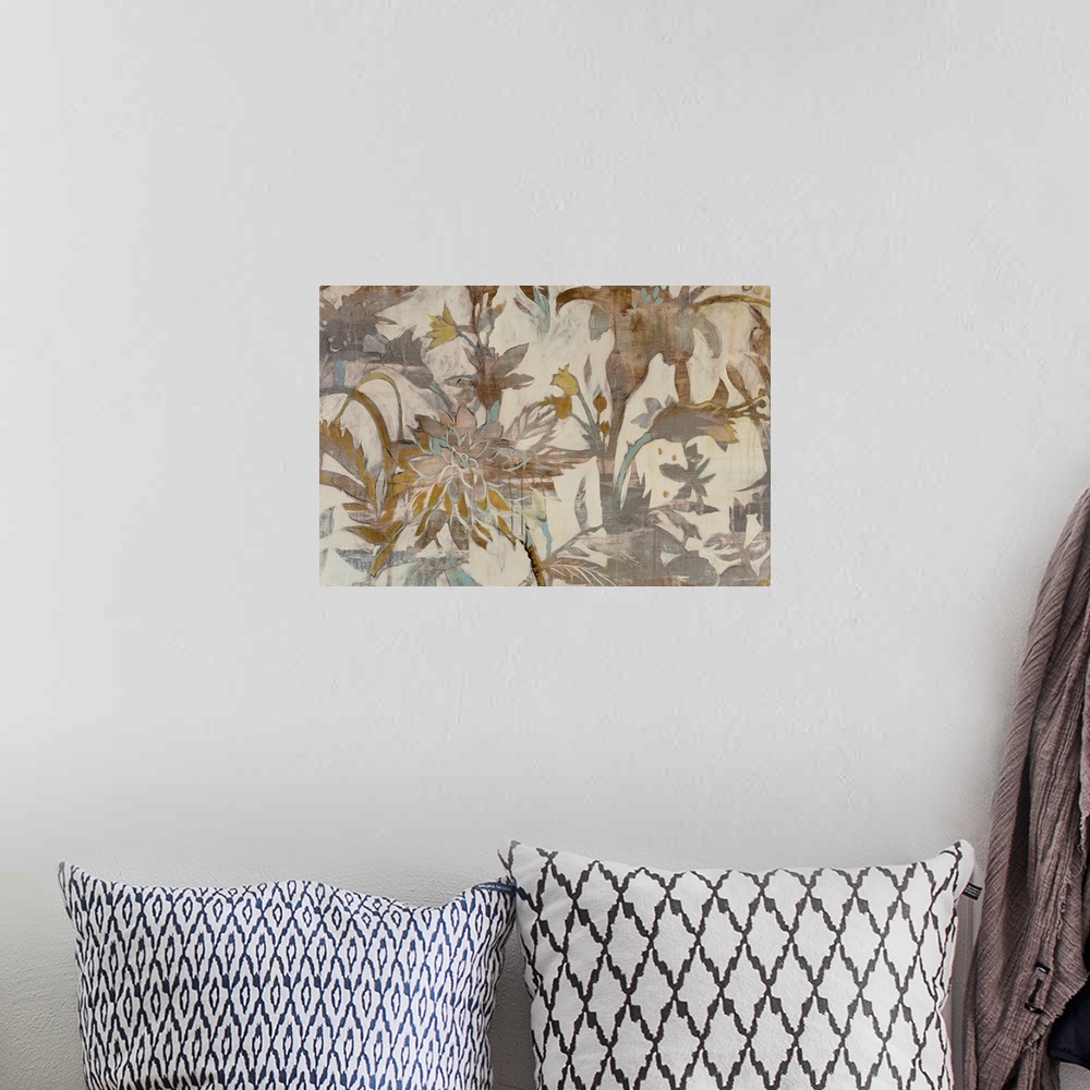 A bohemian room featuring Contemporary artwork of floral pattern in earth tones.