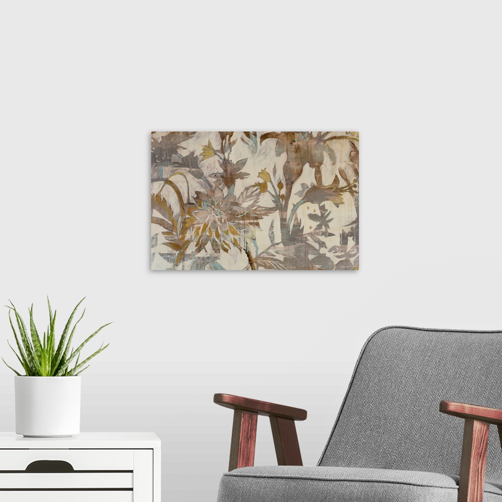 A modern room featuring Contemporary artwork of floral pattern in earth tones.